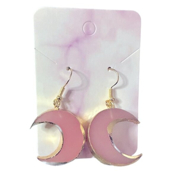 NEW Pink Quartz Crescent Moon Earrings - Picture 2 of 4